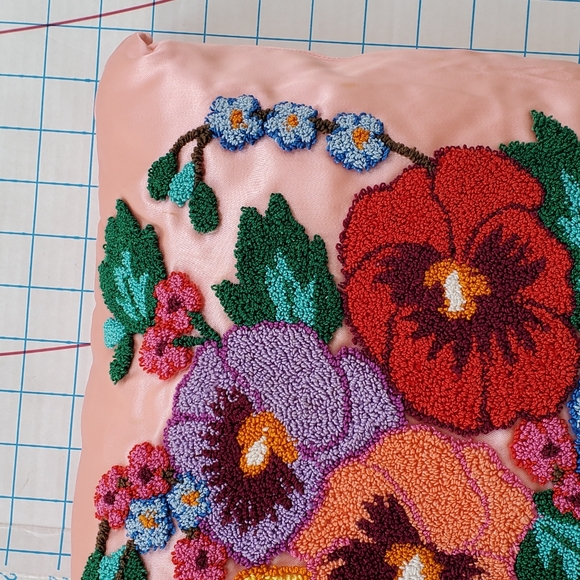 Punch Needle Embroidered Pillow Pansy Bow Floral 17"x14" Cottagecore Satiny - Picture 5 of 7